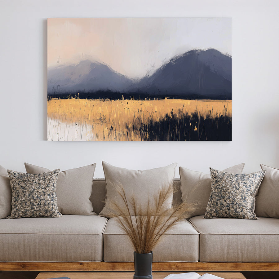modern mountain landscape golden field wall art