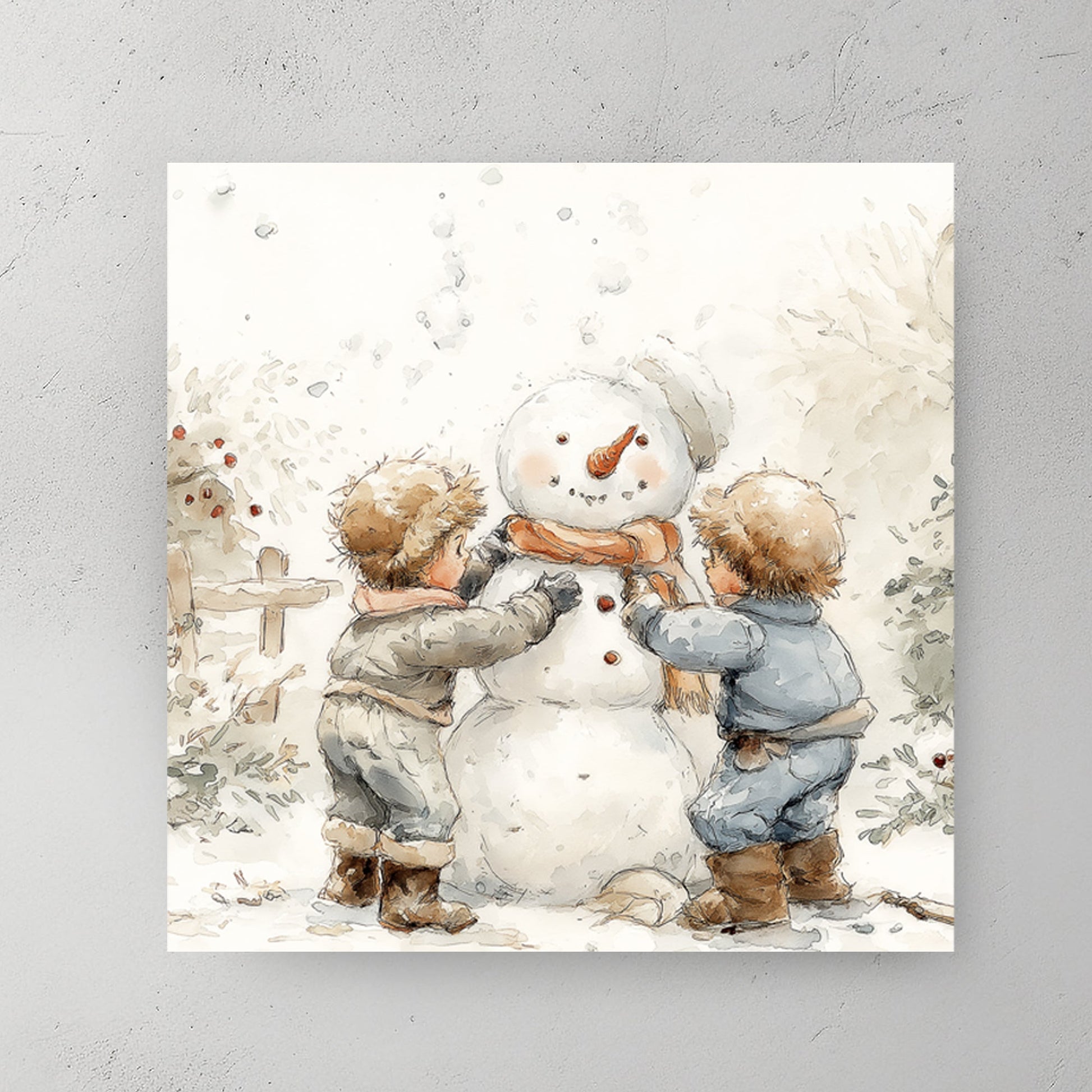 cozy kids building snowman holiday wall art