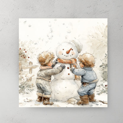 cozy kids building snowman holiday wall art