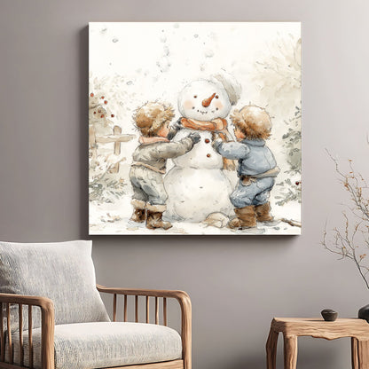 cozy kids building snowman holiday wall art