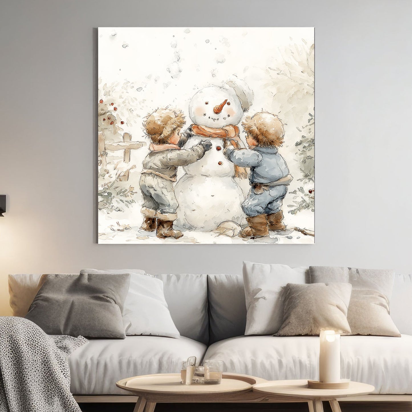 cozy kids building snowman holiday wall art