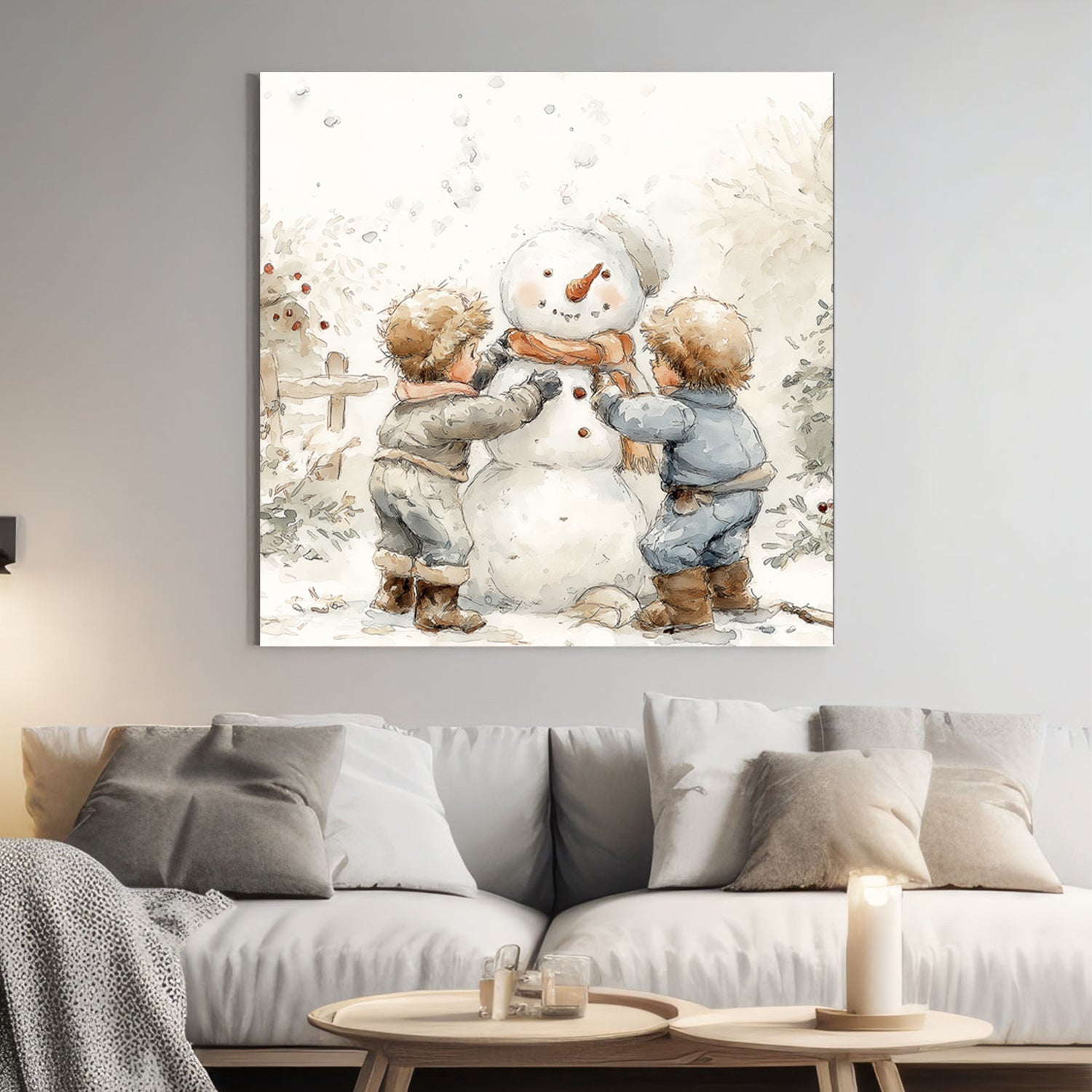 cozy kids building snowman holiday wall art