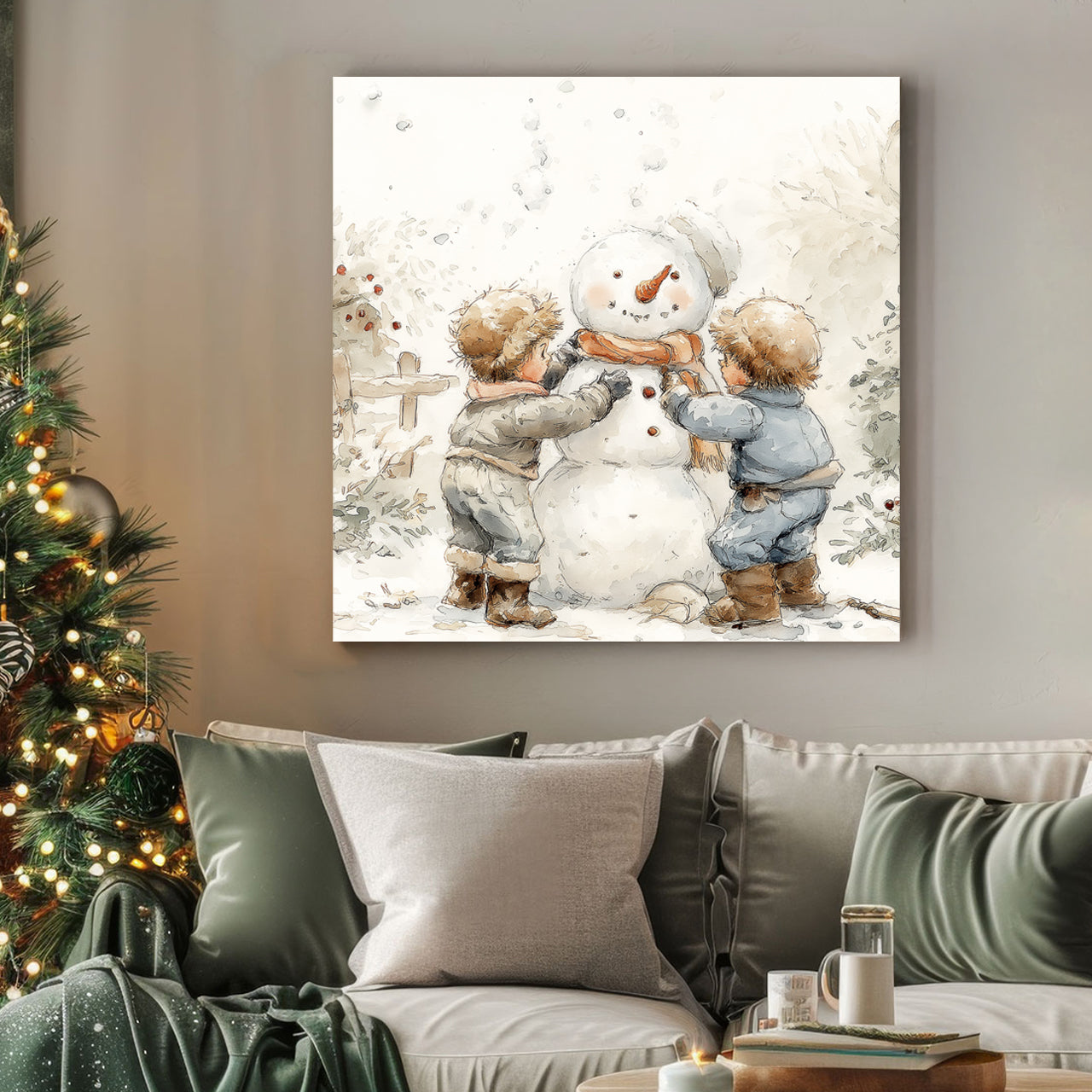 cozy kids building snowman holiday wall art