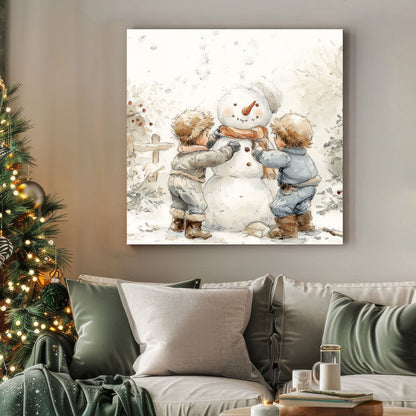 cozy kids building snowman holiday wall art