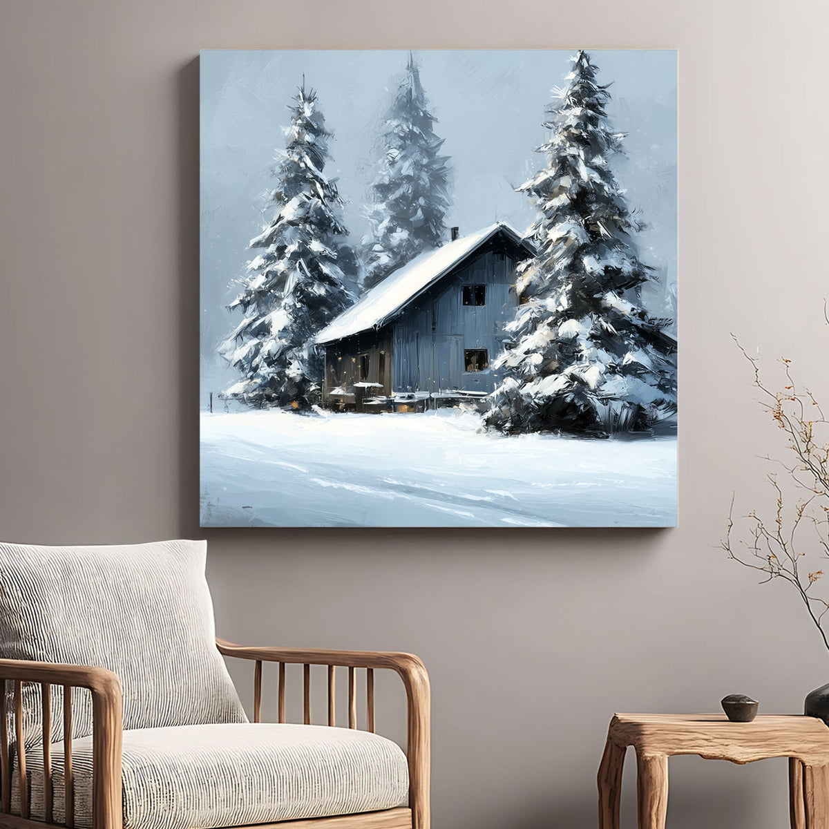 snowy cabin winter scene wall art