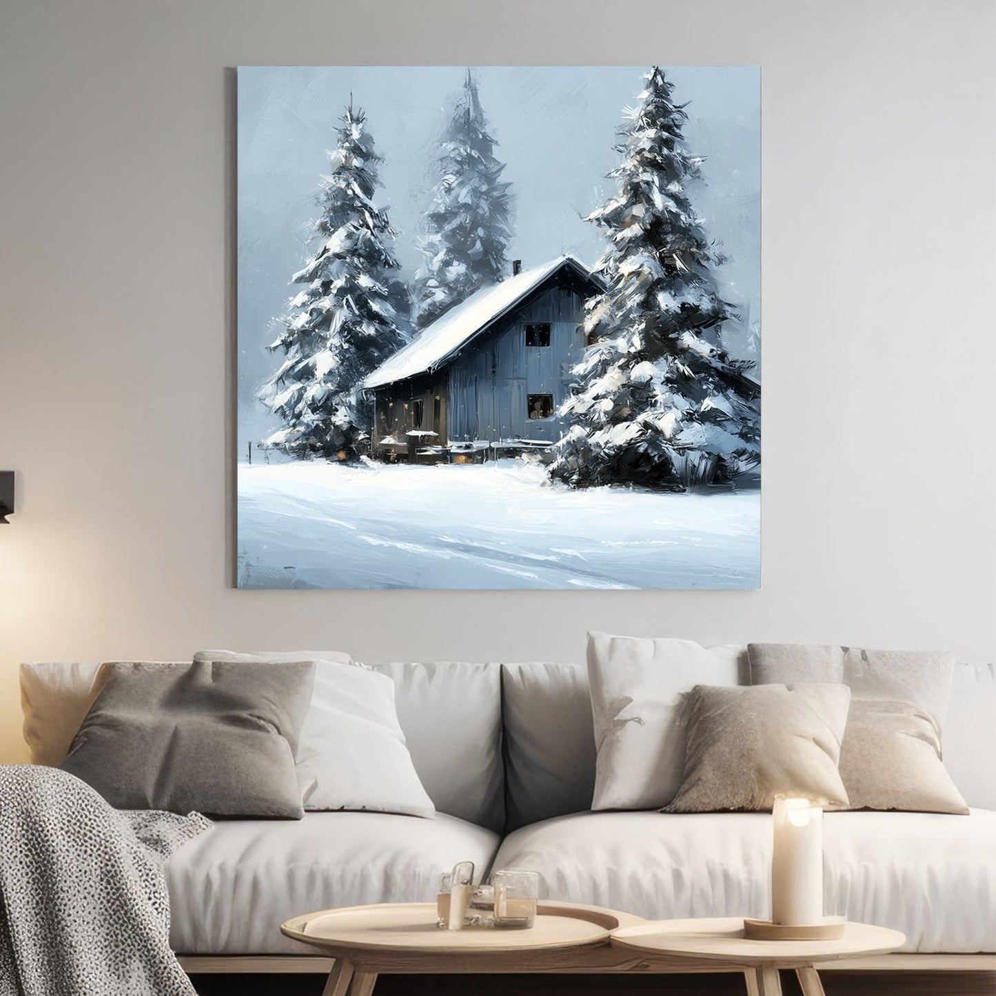 snowy cabin winter scene wall art