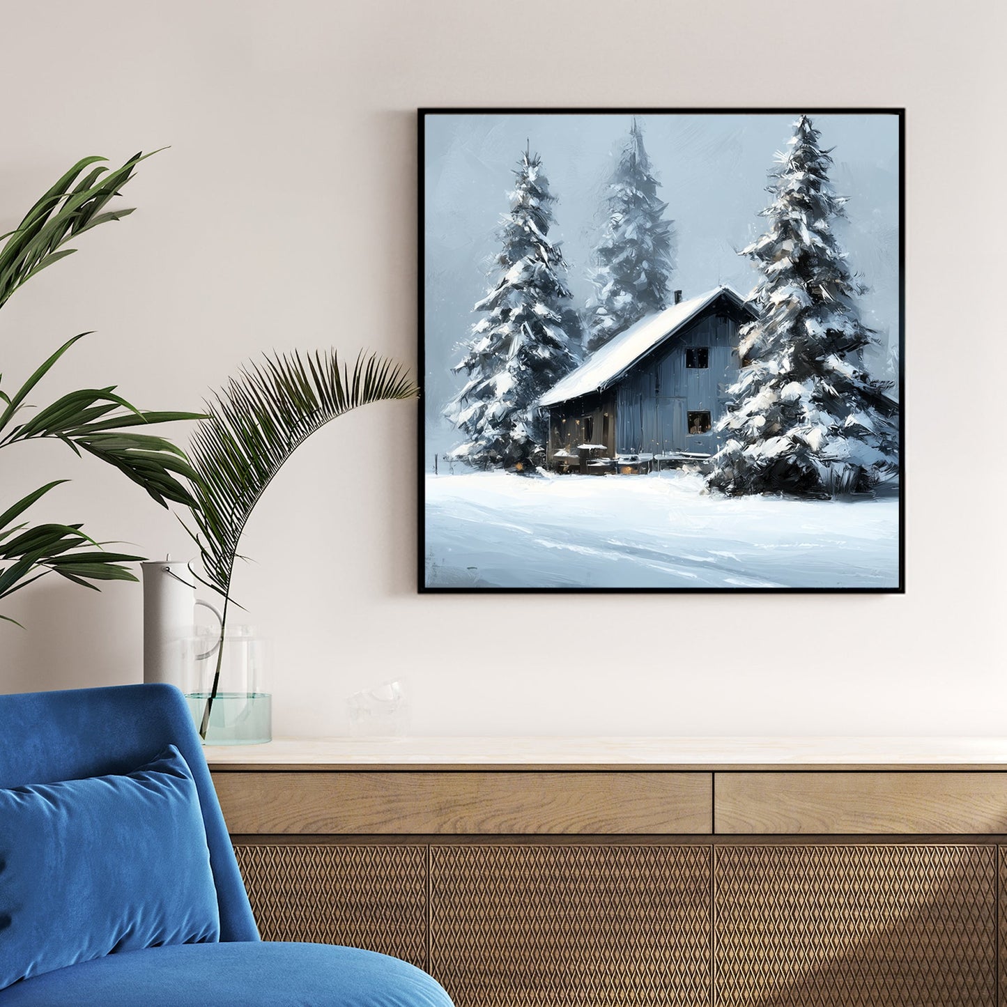 snowy cabin winter scene wall art