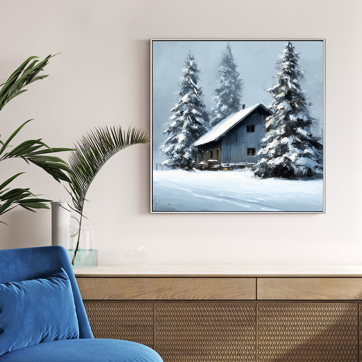 snowy cabin winter scene wall art