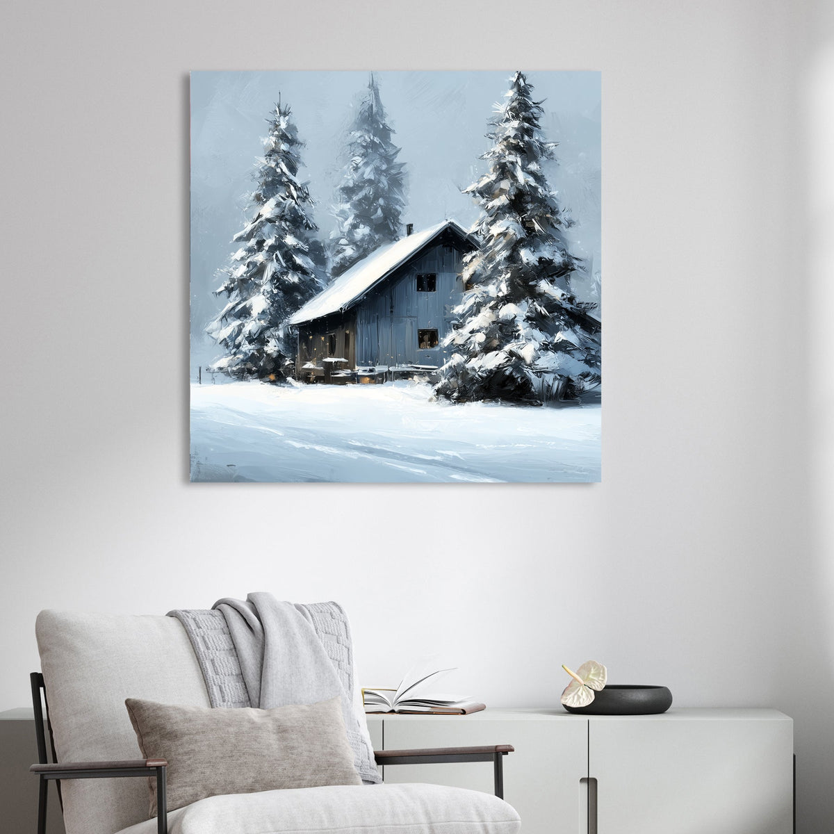 snowy cabin winter scene wall art