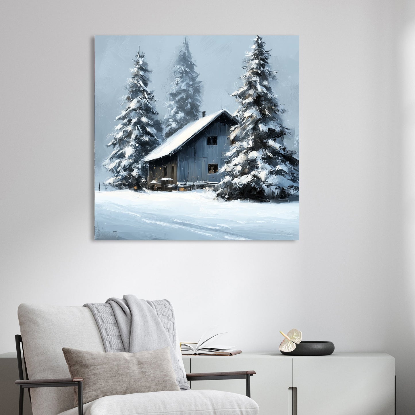 snowy cabin winter scene wall art