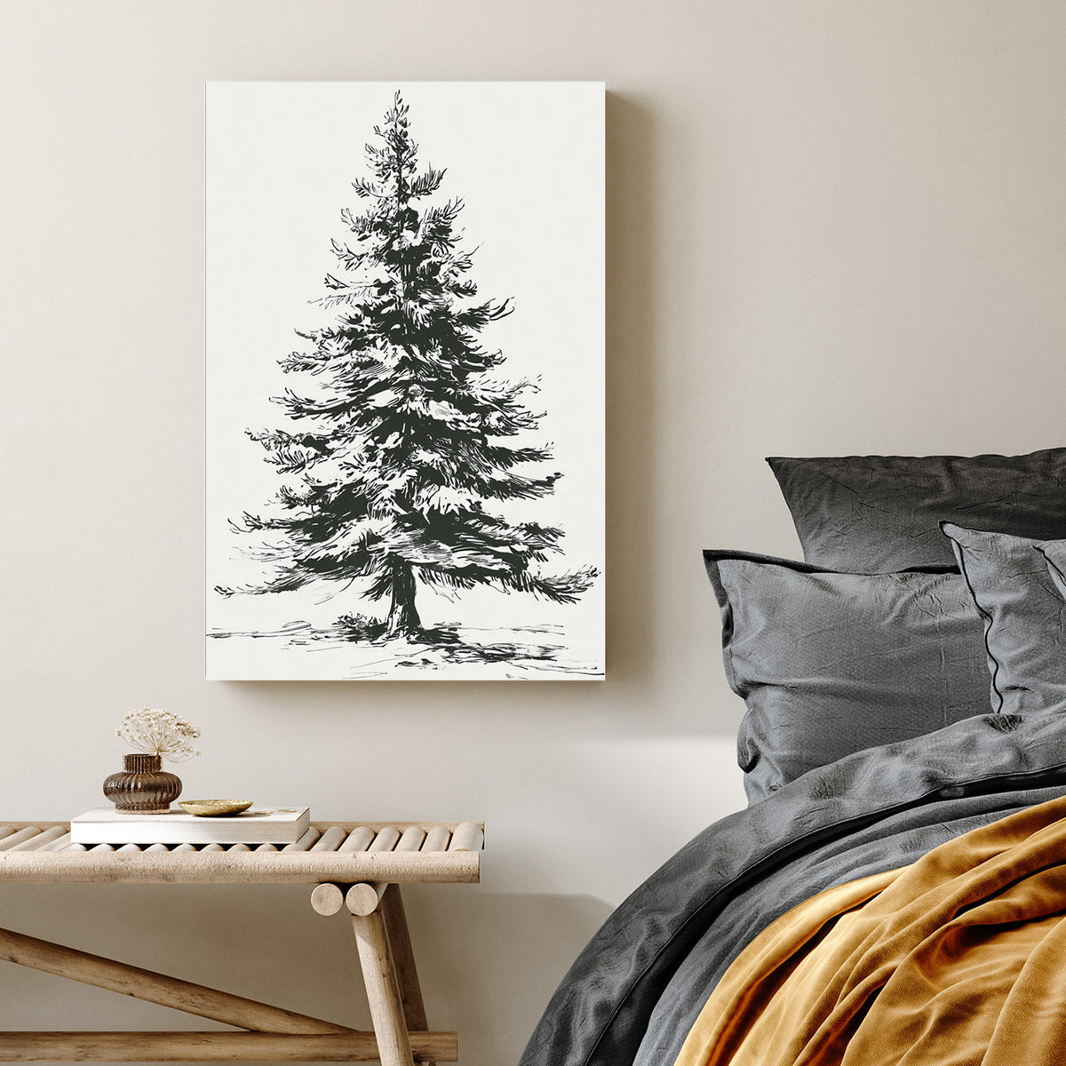 minimalist pine tree sketch wall art print
