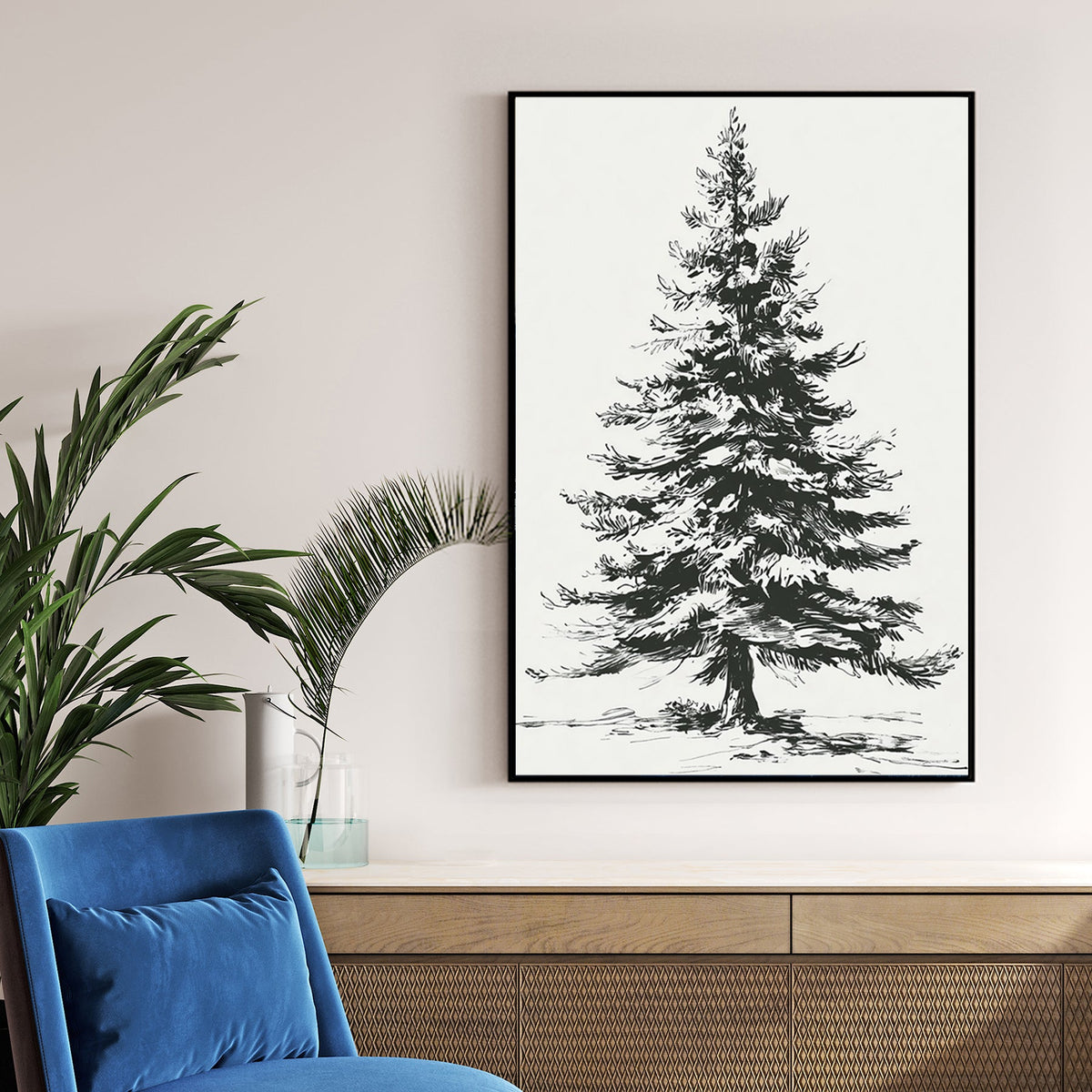 minimalist pine tree sketch wall art print