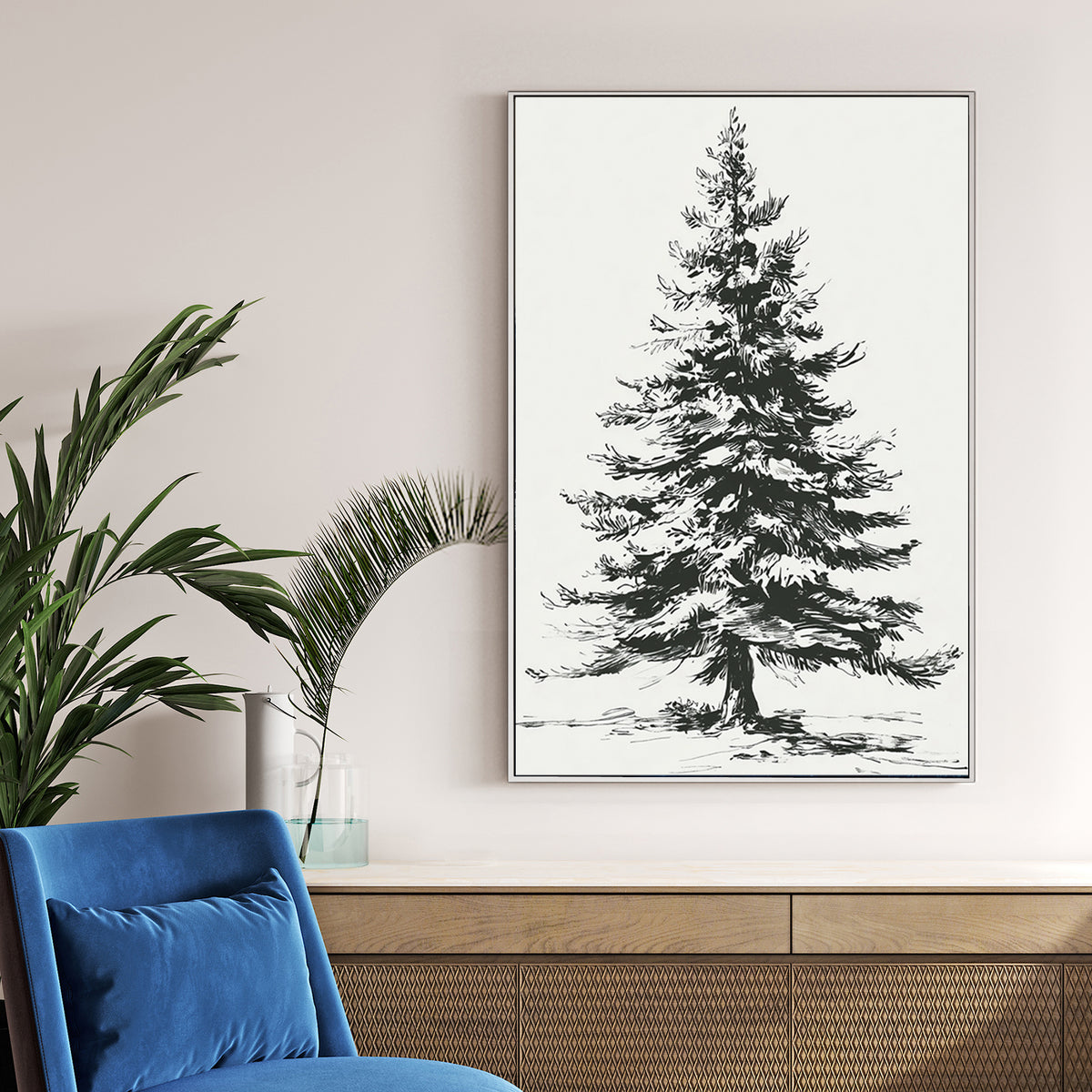 minimalist pine tree sketch wall art print