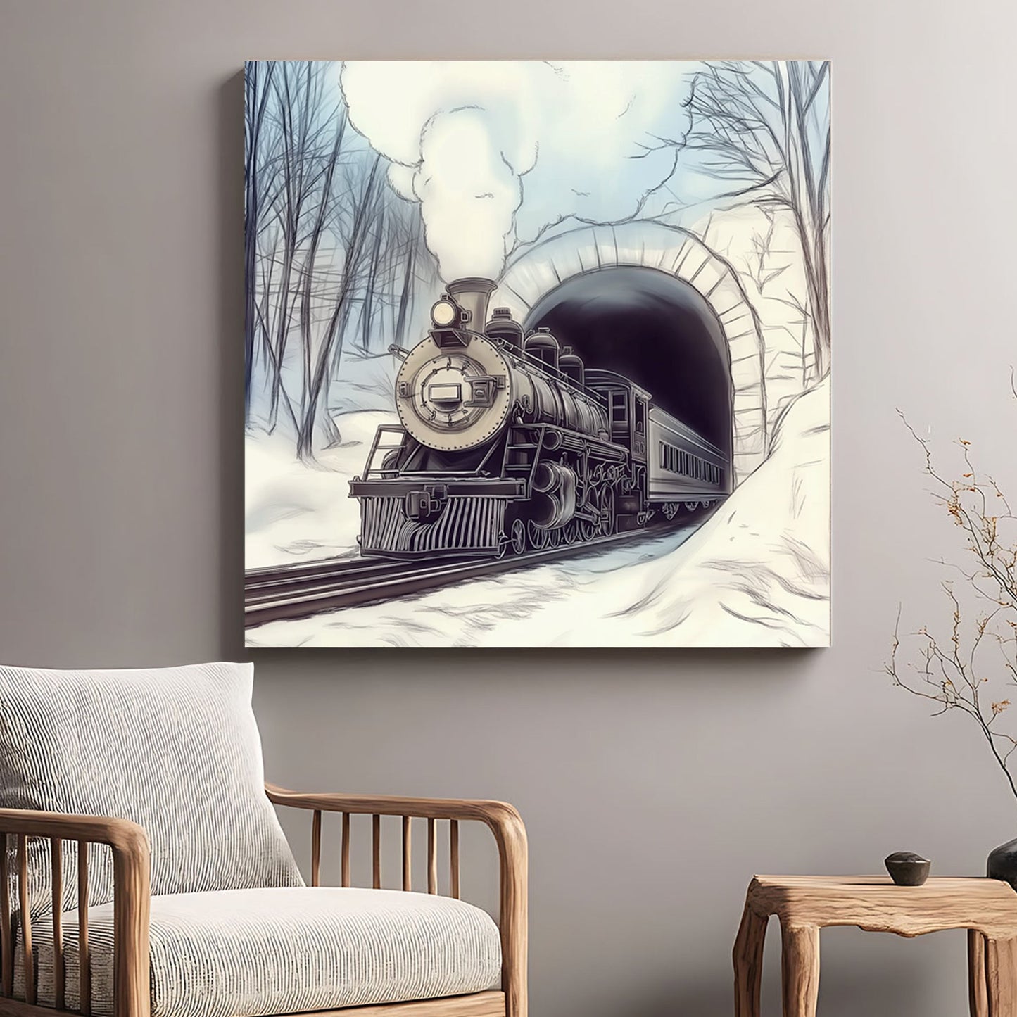 vintage winter train tunnel wall art print