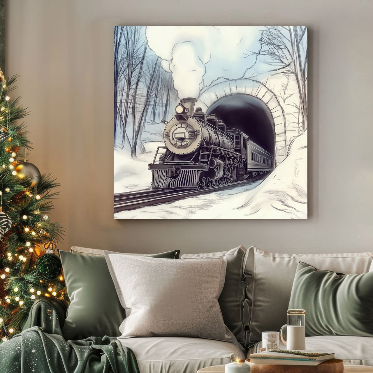 vintage winter train tunnel wall art print