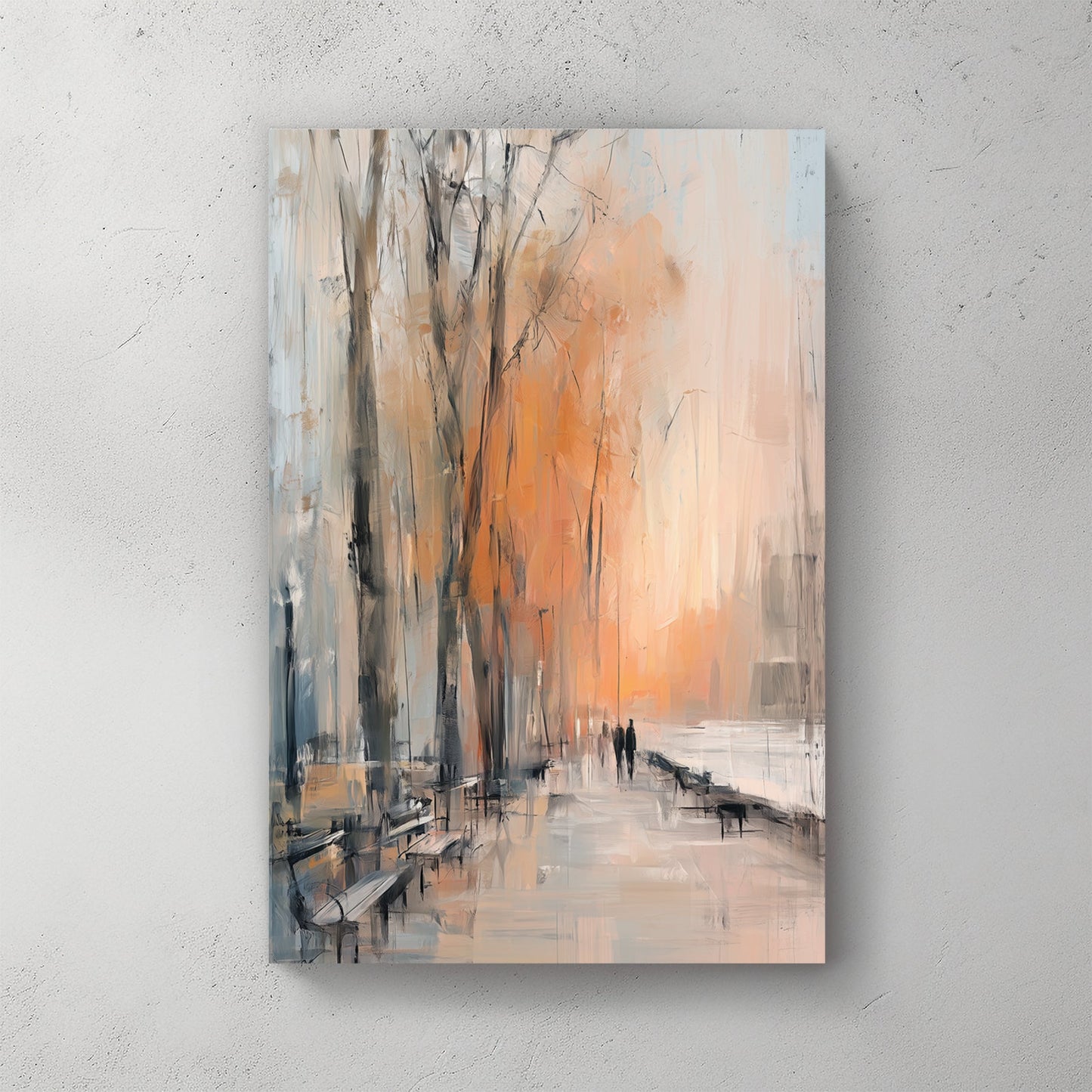 abstract autumn park scene wall art with benches and figures