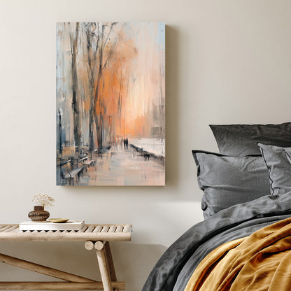 abstract autumn park scene wall art with benches and figures