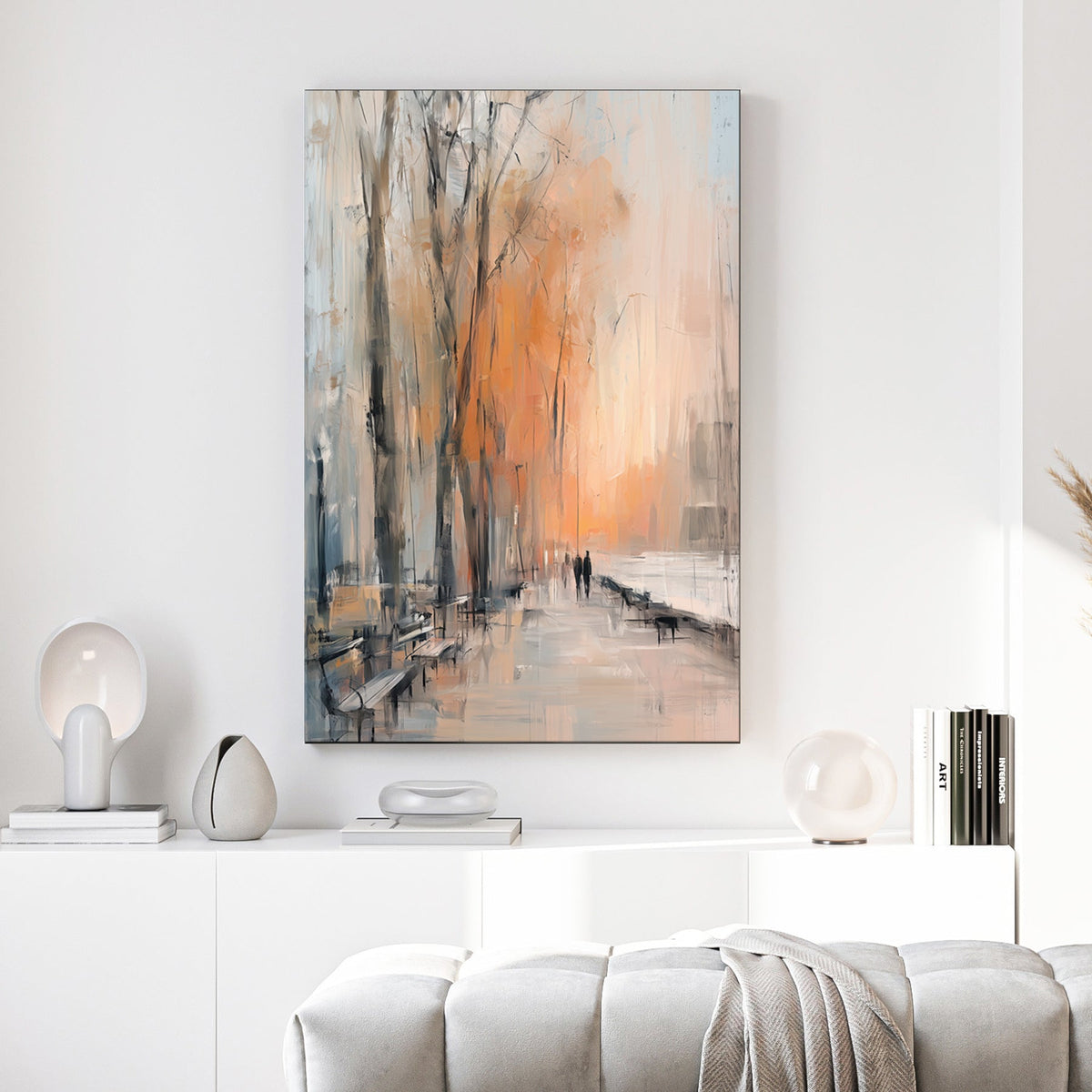 abstract autumn park scene wall art with benches and figures