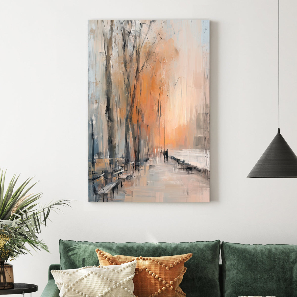 abstract autumn park scene wall art with benches and figures