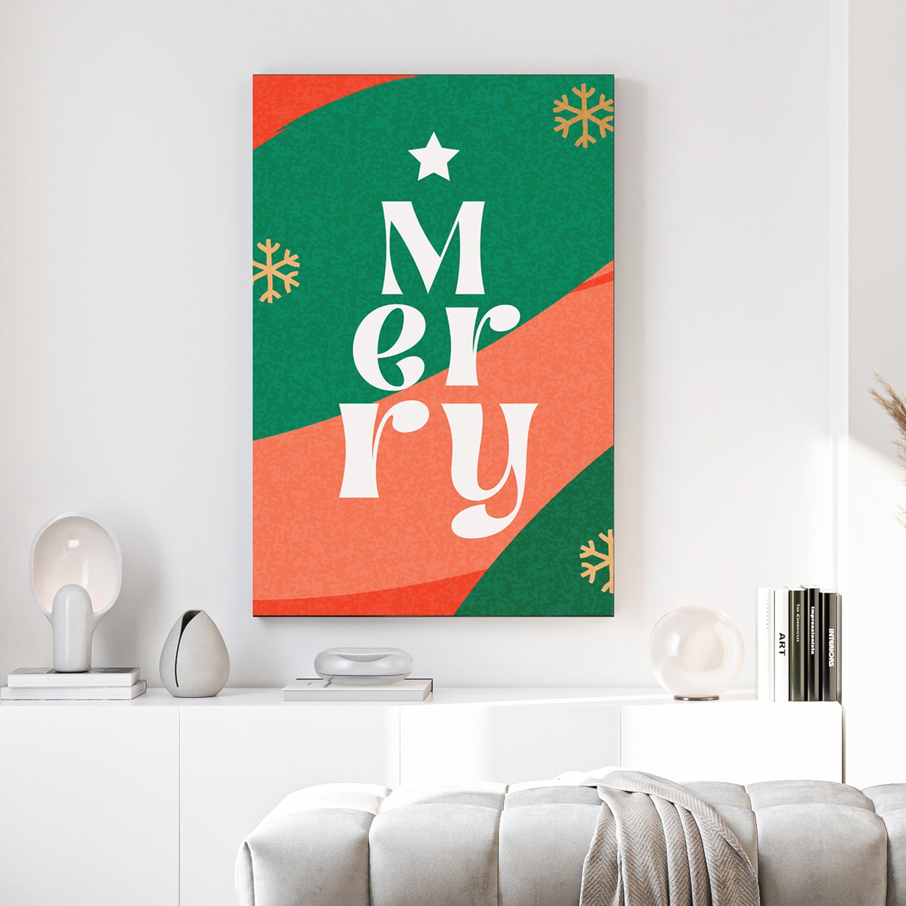 retro merry christmas typography wall art in green and red
