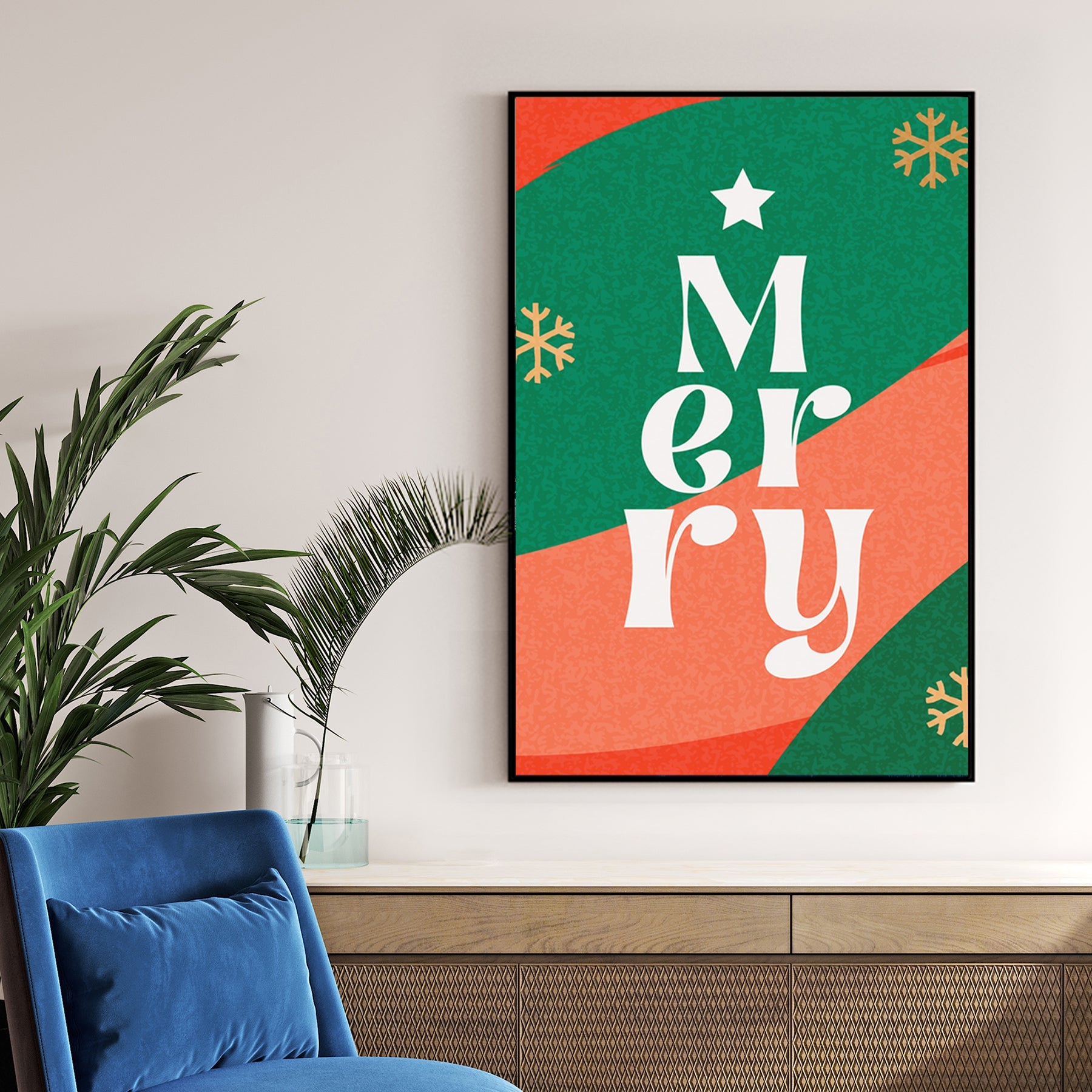 retro merry christmas typography wall art in green and red