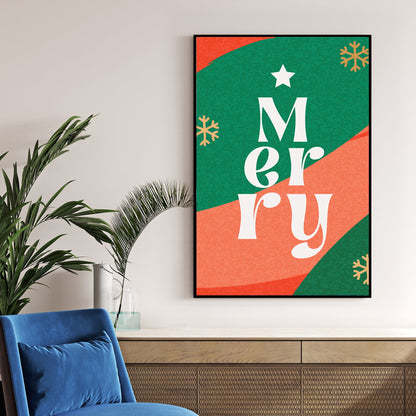 retro merry christmas typography wall art in green and red