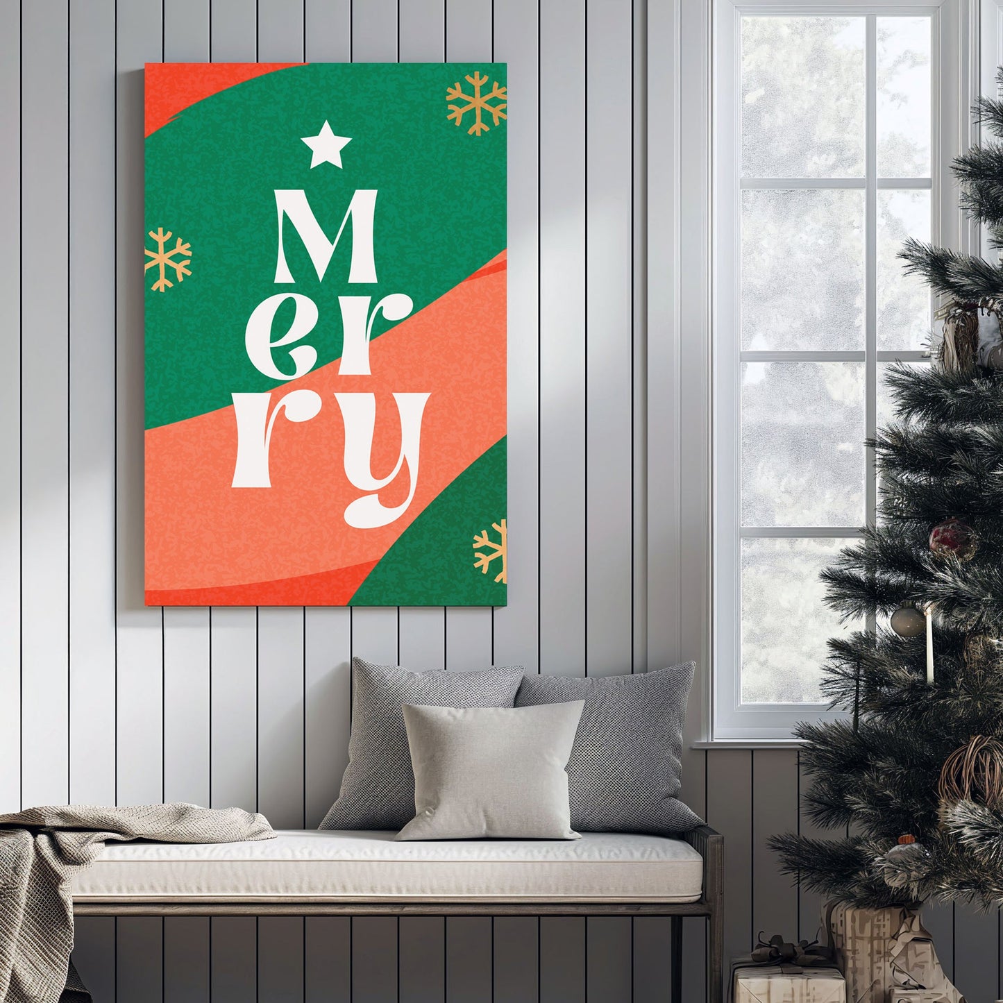 retro merry christmas typography wall art in green and red