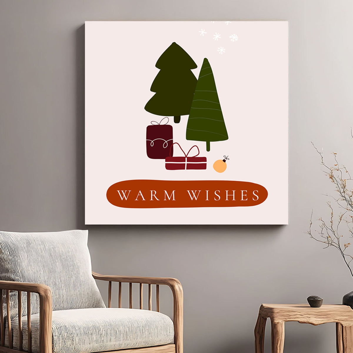warm wishes minimalist Christmas wall art with trees and gifts