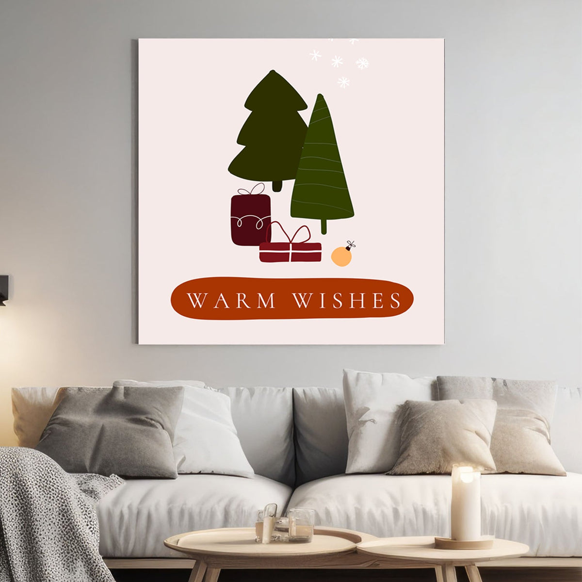warm wishes minimalist Christmas wall art with trees and gifts
