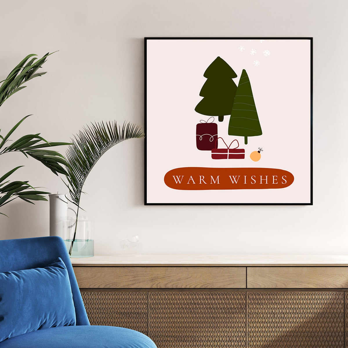 warm wishes minimalist Christmas wall art with trees and gifts