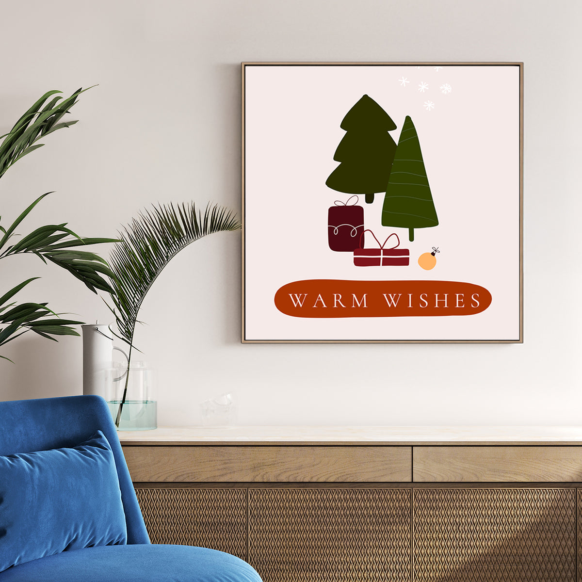 warm wishes minimalist Christmas wall art with trees and gifts