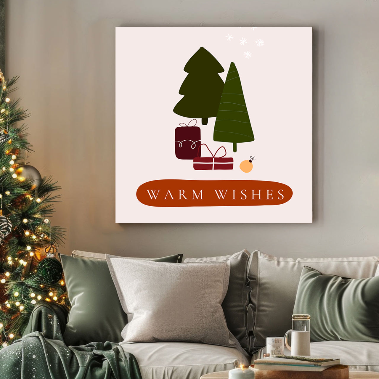 warm wishes minimalist Christmas wall art with trees and gifts