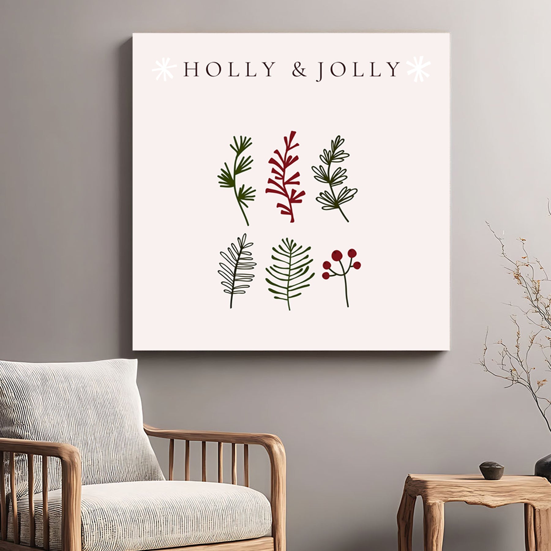 holly and jolly minimalist botanical Christmas wall art print