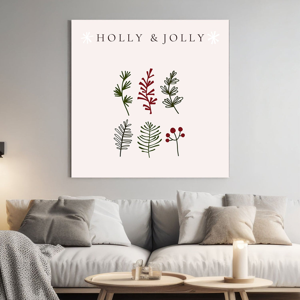 holly and jolly minimalist botanical Christmas wall art print