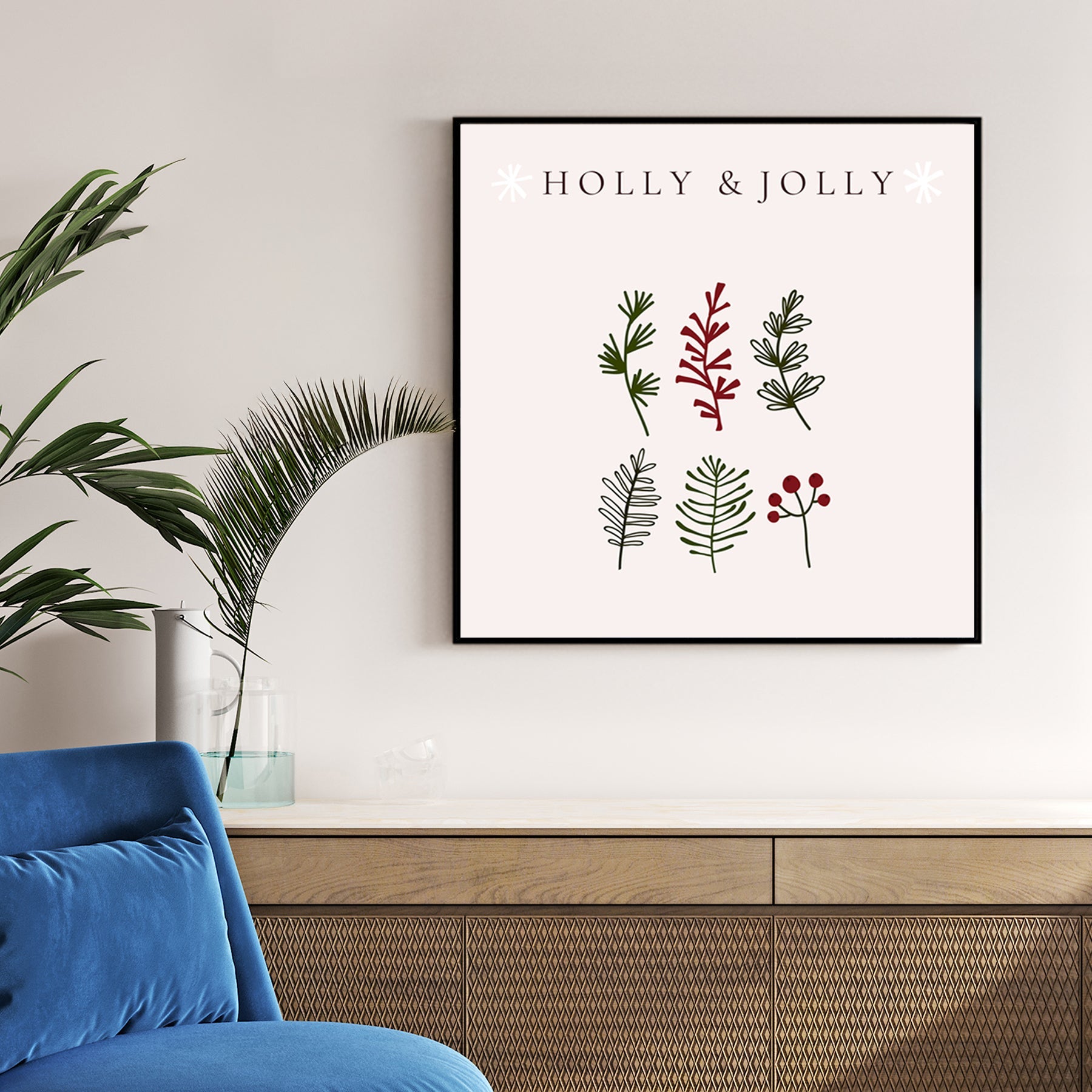 holly and jolly minimalist botanical Christmas wall art print