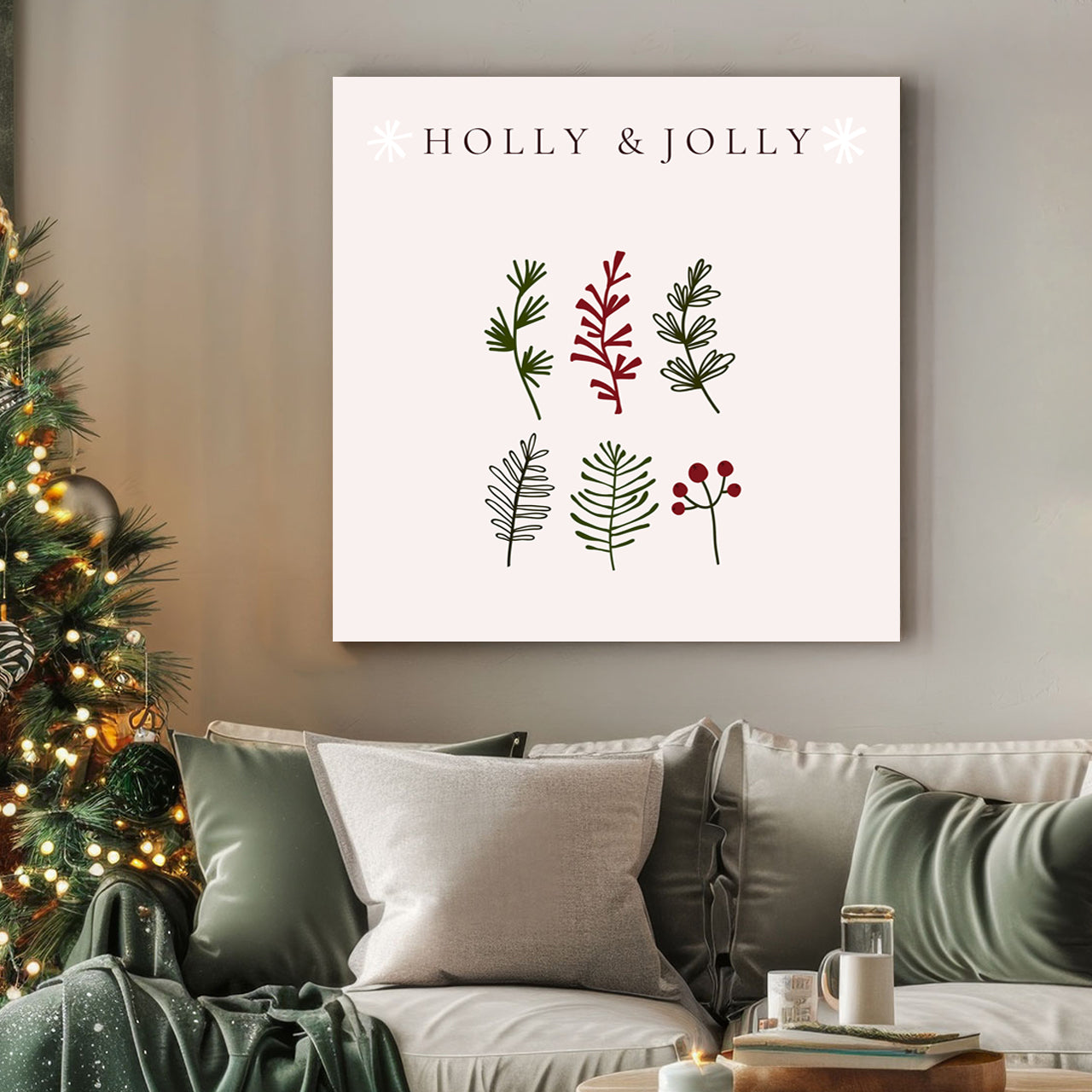 holly and jolly minimalist botanical Christmas wall art print