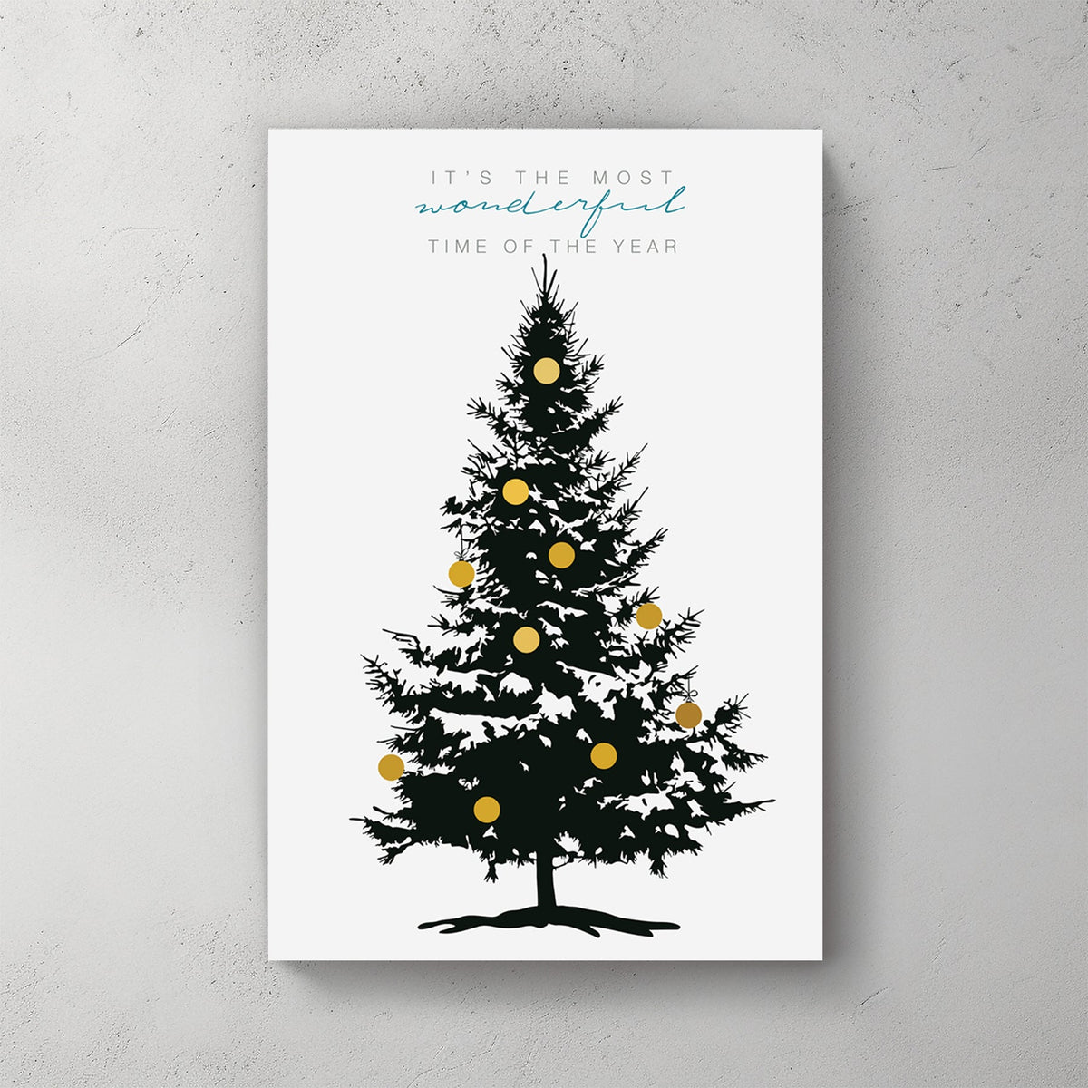 minimalist Christmas tree wall art print with golden ornaments