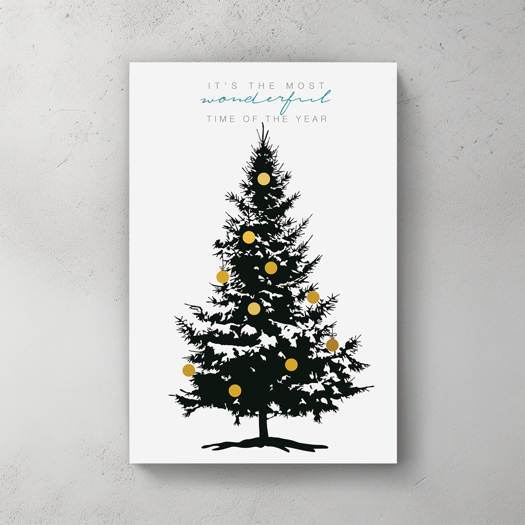 minimalist Christmas tree wall art print with golden ornaments