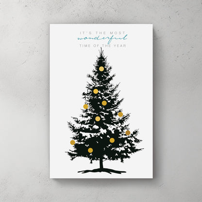 minimalist Christmas tree wall art print with golden ornaments