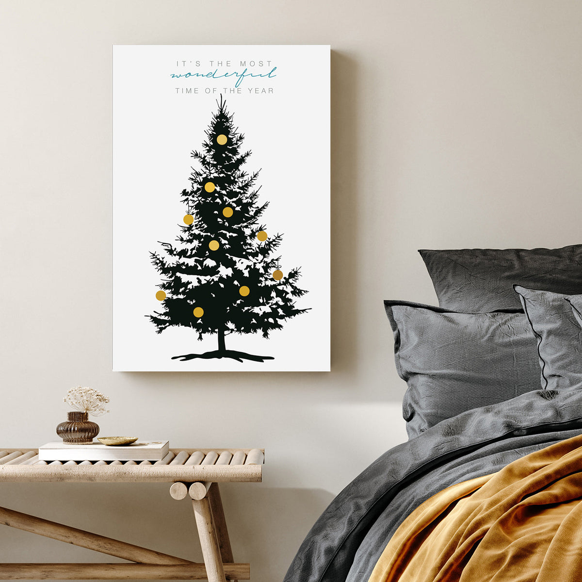 minimalist Christmas tree wall art print with golden ornaments