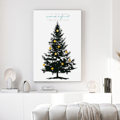 minimalist Christmas tree wall art print with golden ornaments