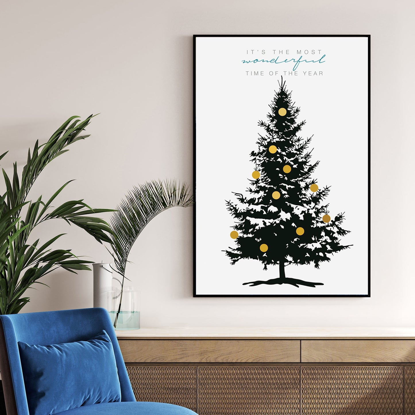 minimalist Christmas tree wall art print with golden ornaments