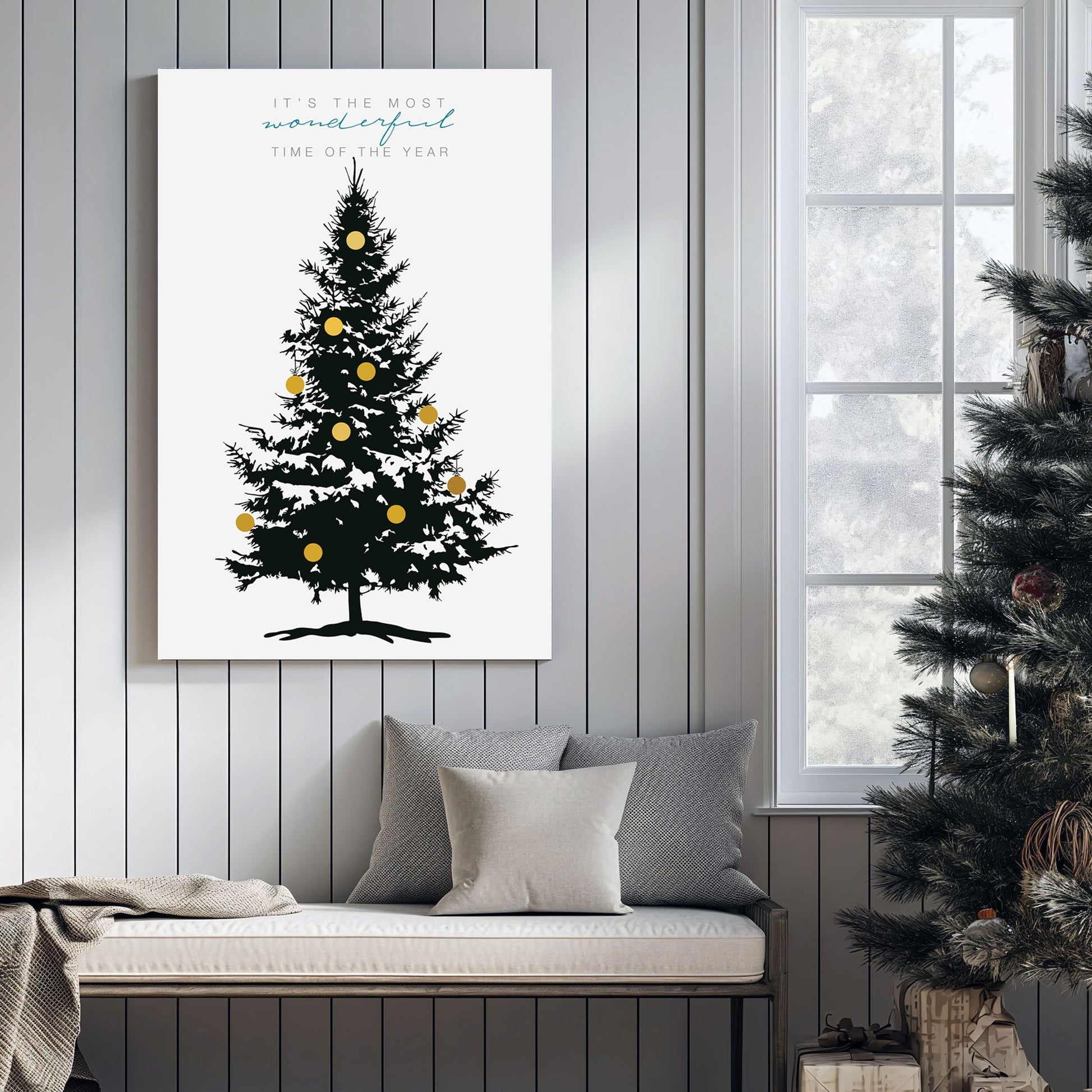 minimalist Christmas tree wall art print with golden ornaments