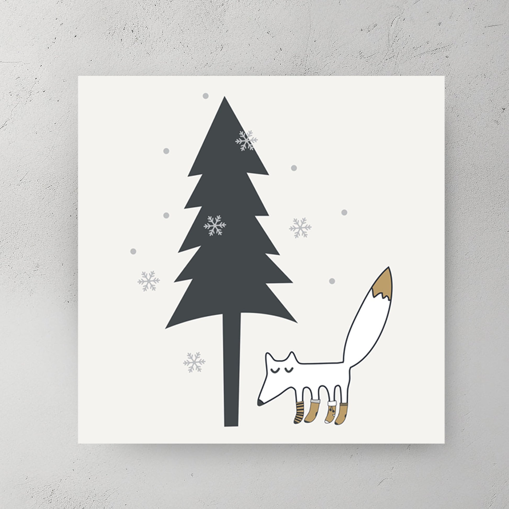 whimsical woodland fox winter wall art with pine tree