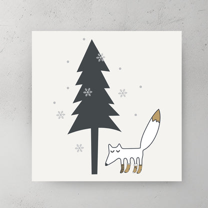 whimsical woodland fox winter wall art with pine tree