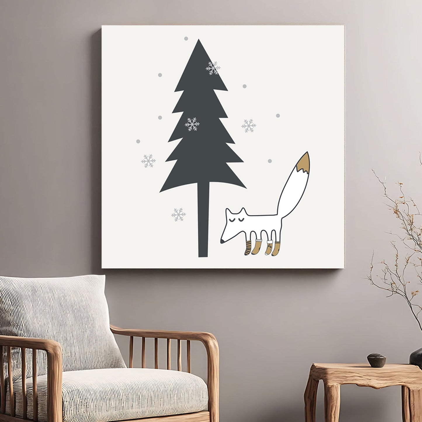 whimsical woodland fox winter wall art with pine tree