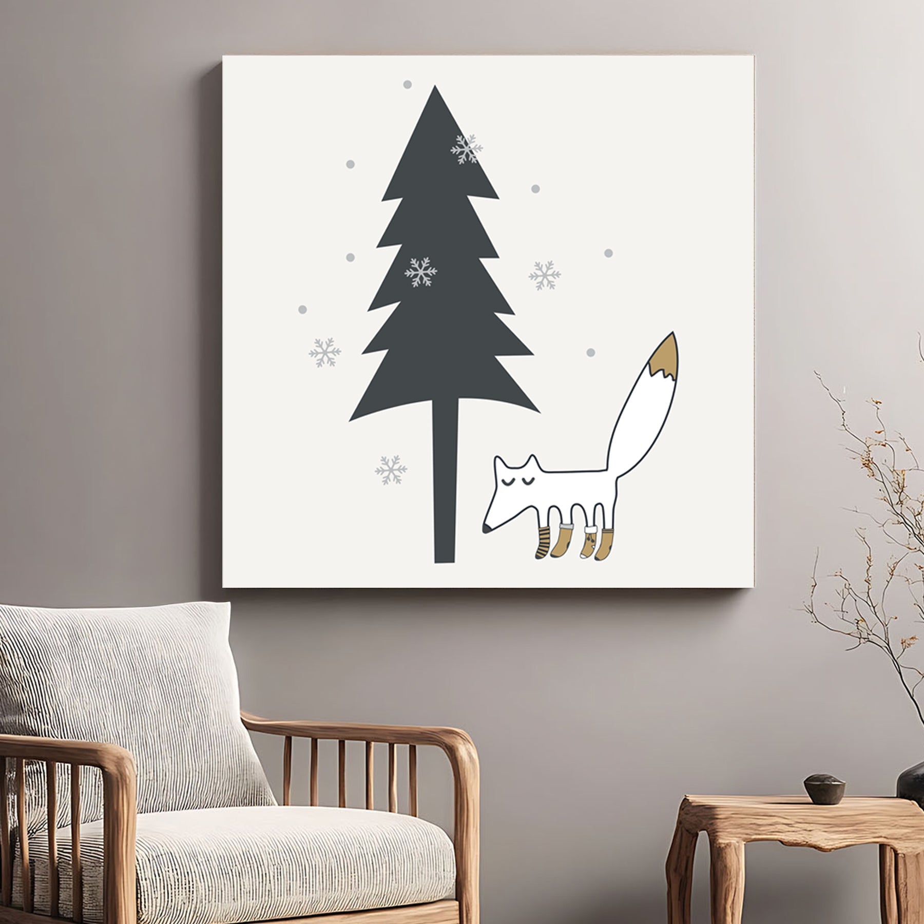 whimsical woodland fox winter wall art with pine tree