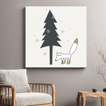 whimsical woodland fox winter wall art with pine tree