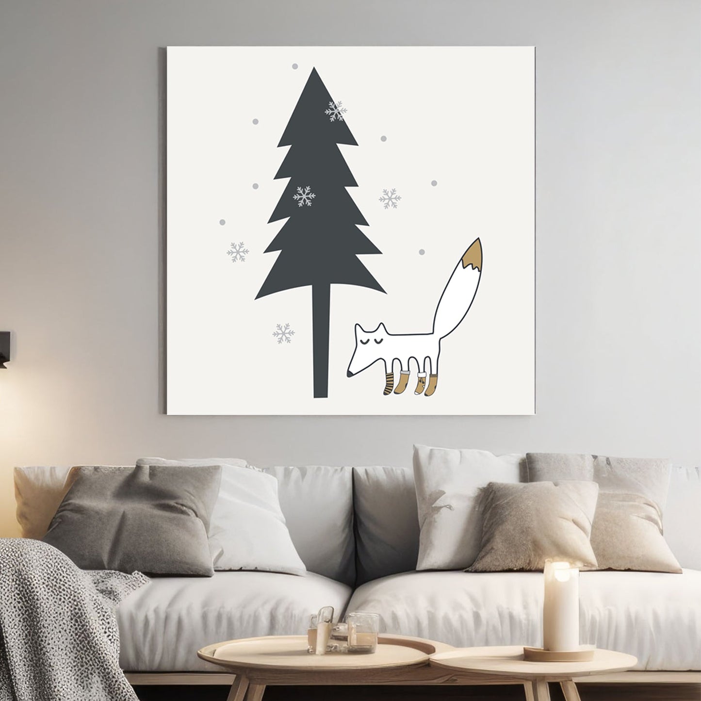 whimsical woodland fox winter wall art with pine tree