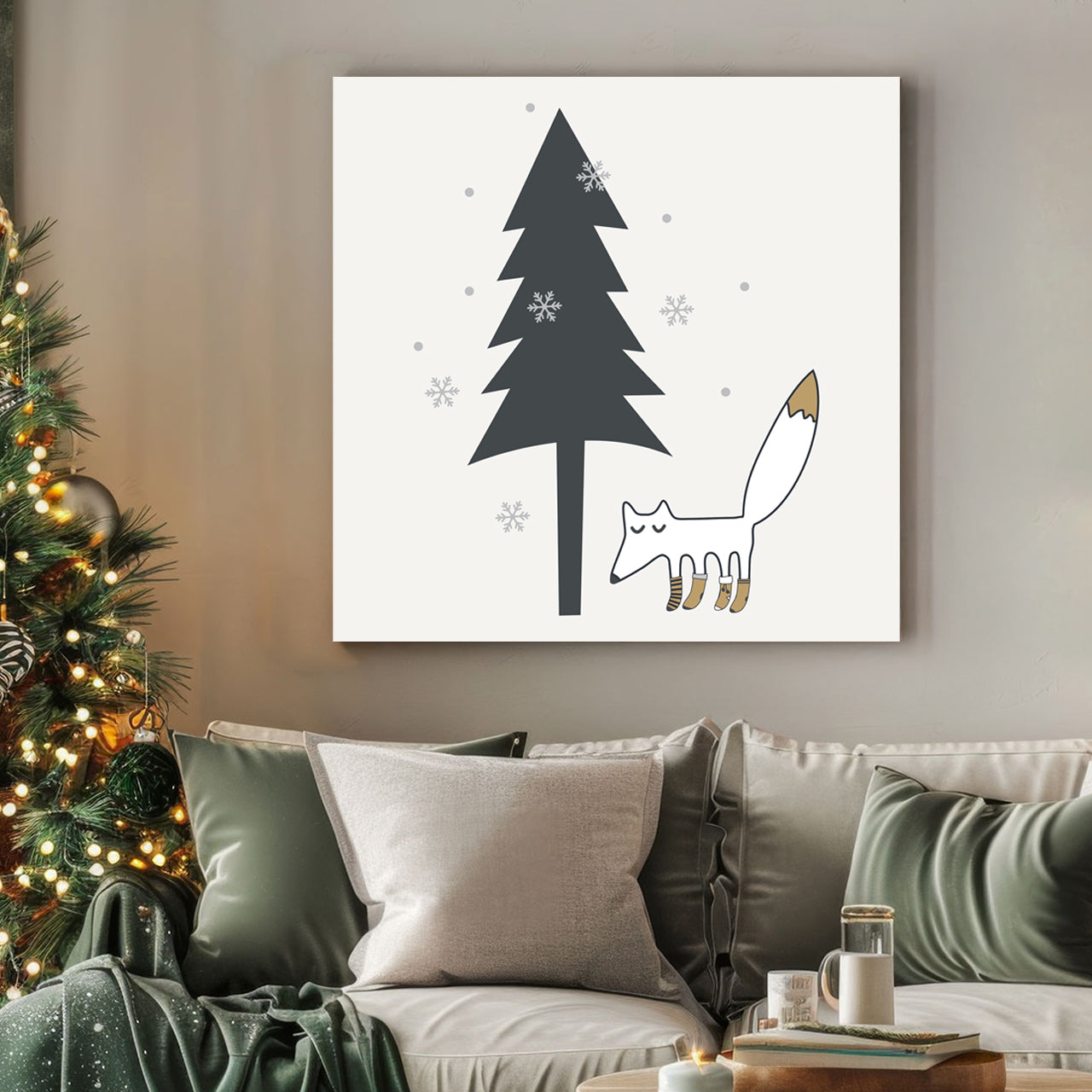 whimsical woodland fox winter wall art with pine tree
